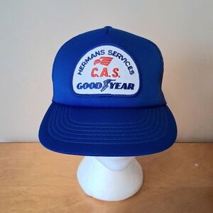 Vintage 1990s Hermans Services C.A.S. Goodyear Blue Trucker Hat Snapback Cap